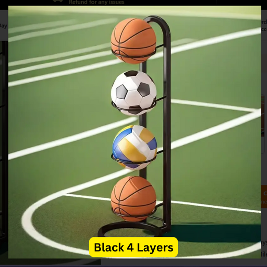 Image of 4 layer ball holder stand with balls in it on a green playing field background