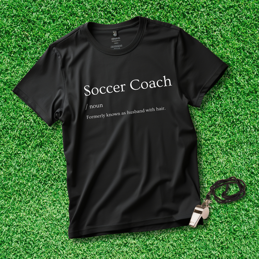 Soccer Coach formerly known as husband with hair text on black t-shirt